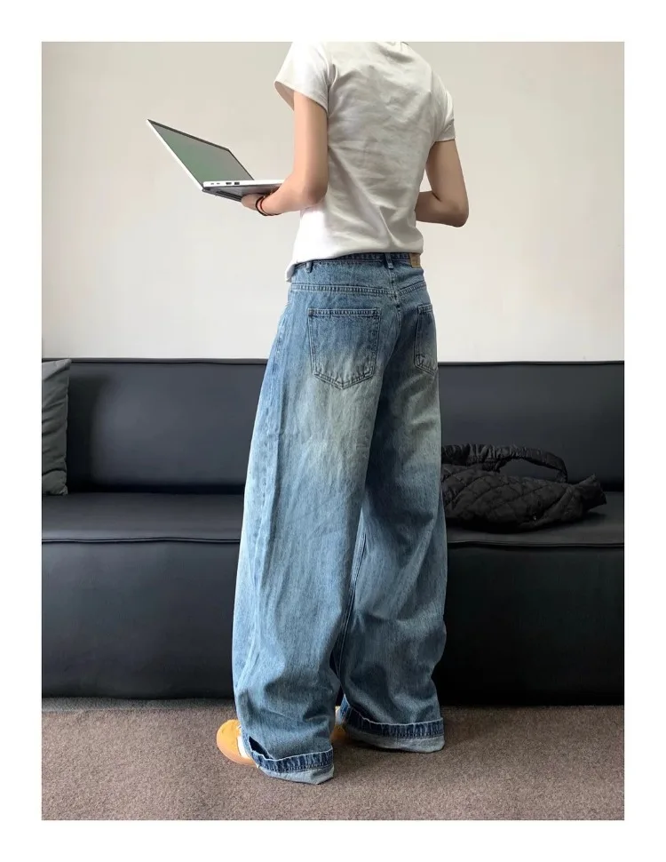 

Женские синие мешковатые широкие джинсы в стиле ретро, уличные винтажные брюки, крутые штаны для девочек, женские прямые джинсовые брюки с высокой талией