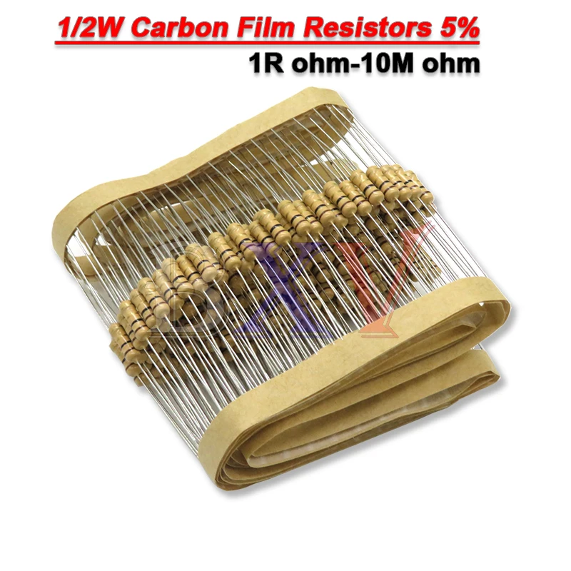 50PCS 1/2W Carbon Film Resistors 5% 1R-10M 10R 47R 100R 220R  1K 10K 4K7 100K  560K 1M 3M3 Ohm Color Ring Resistance 200K
