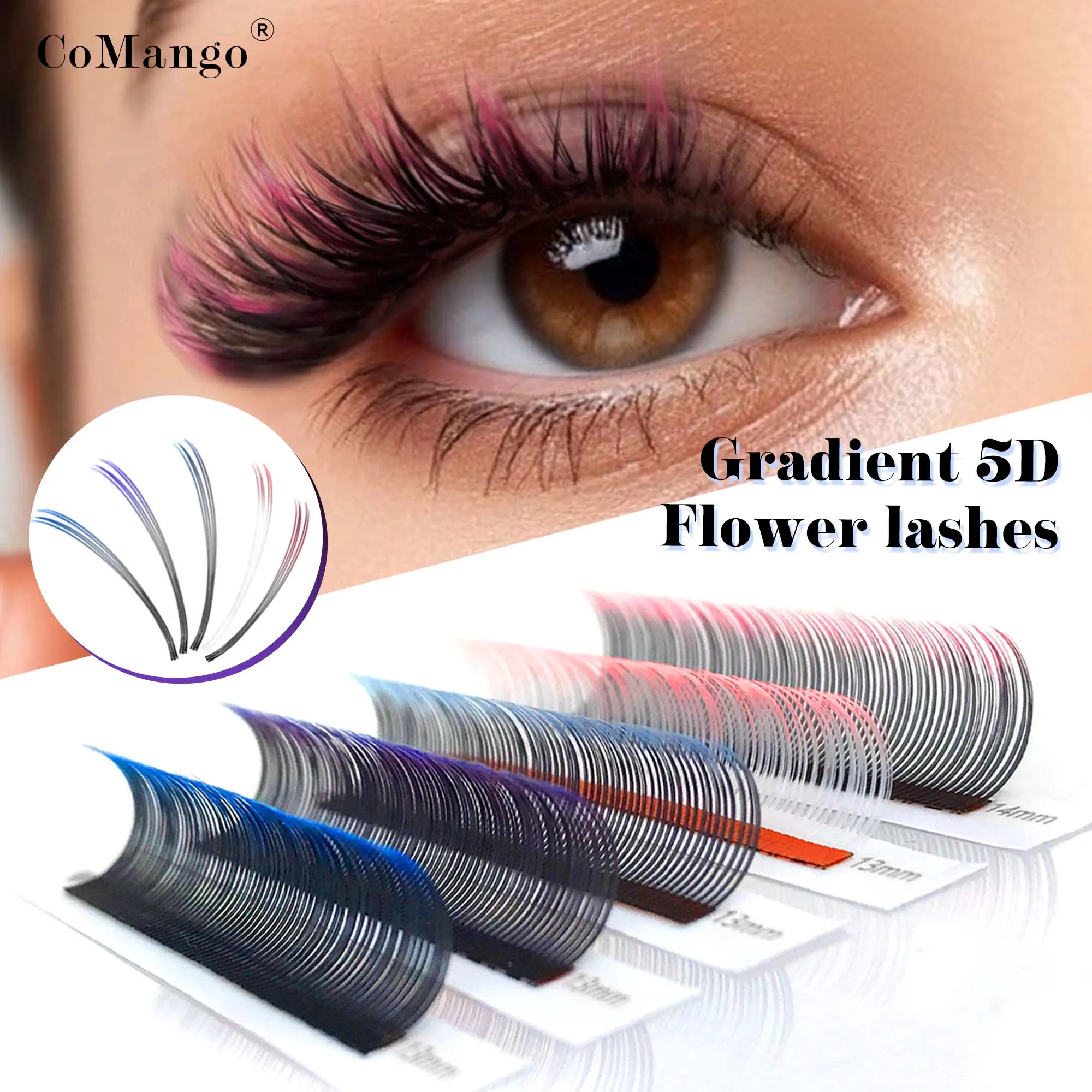 CoMango Ombre-Farbe Rosa Weiß Blau Violett Wimpernverlängerung Mix 8-15 5D Blütenwimpern