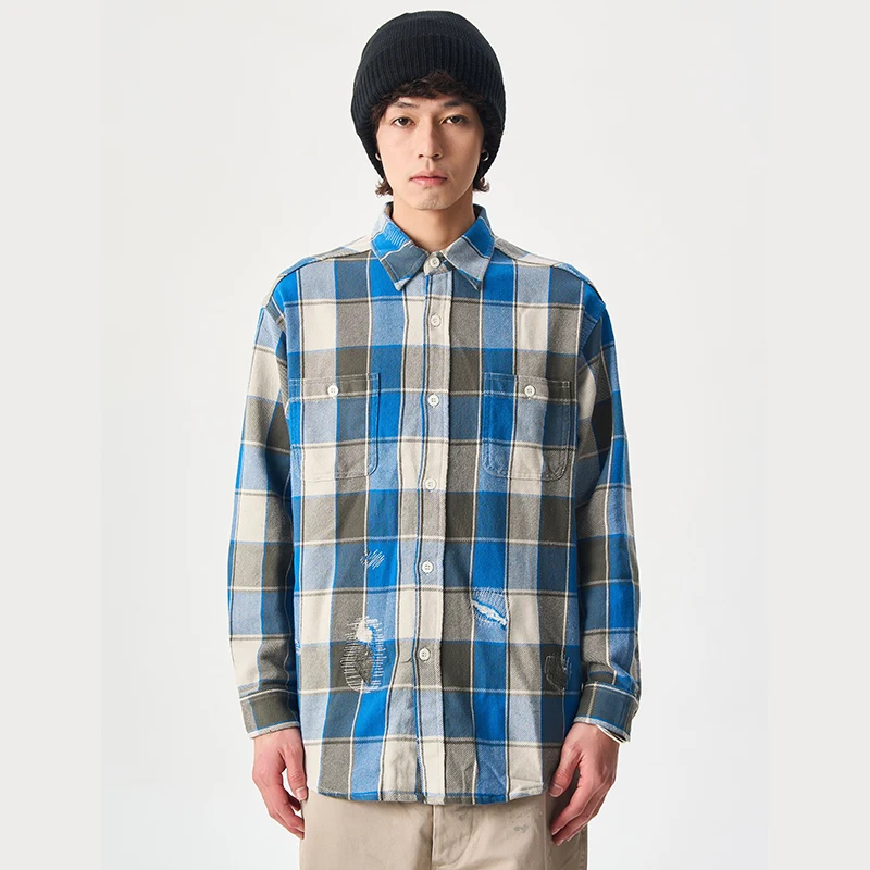 

Keiji ko X BOW Flannel irt Worn-In Distred Uneven Youth Trendy Long Sve Button up Regular Fit Four Seasons