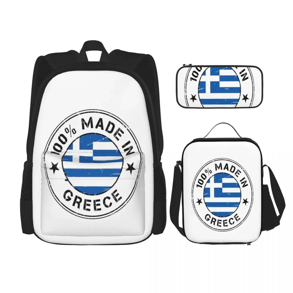 Greece Greek Flag Backpacks Boys Girls Bookbag Students School Bags Cartoon Kids Rucksack Lunch Bag Pen Bag Three-Piece Set