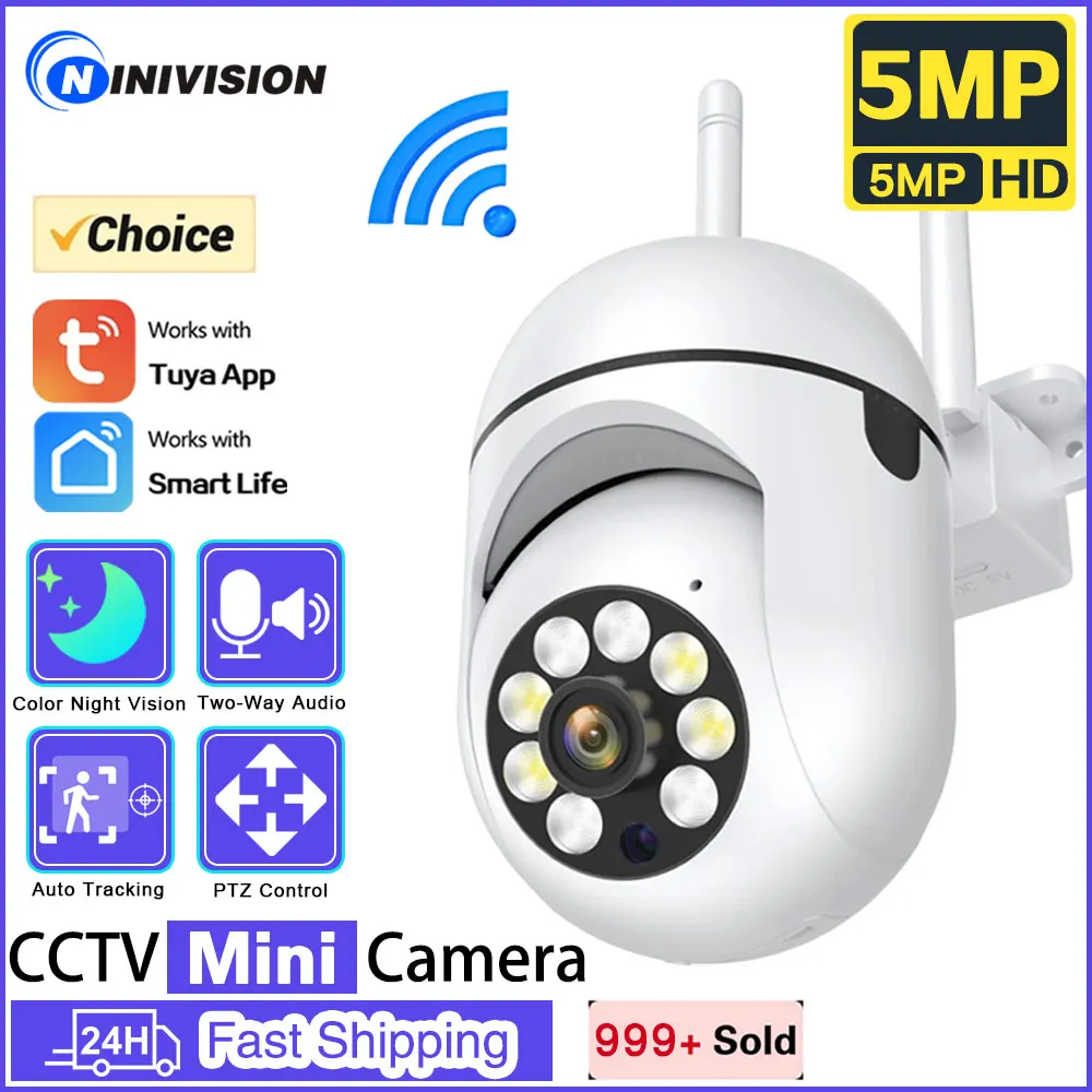 Tuya 5MP Wifi IP Camera Color night vision Outdoor Auto Tracking Wireless PTZ CCTV Security Surveillance Camera Smart Life Cam