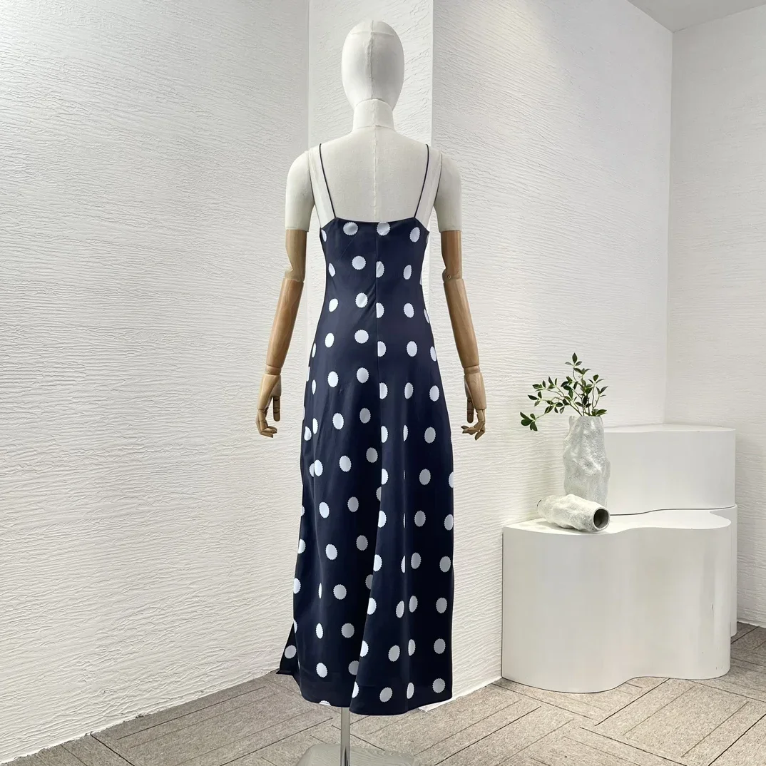 2024 New Silk High Quality Navy Blue Polka Dots Print Sling Sleeveless Midi Dress