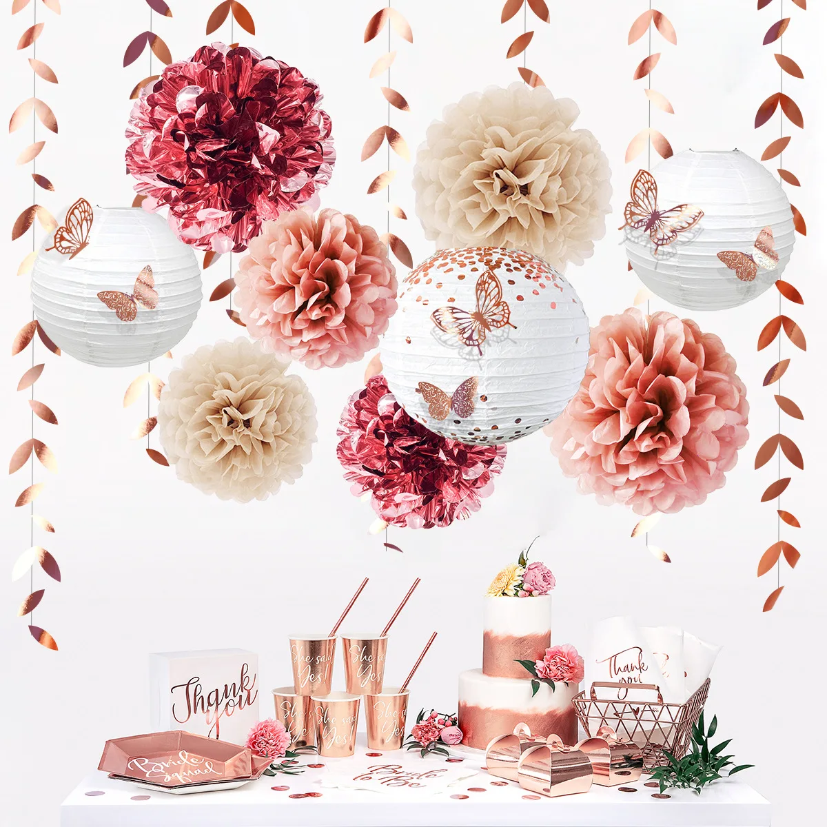 

​18pcs Paper Lanterns Floral Pom Decor with 3D Butterfly Leaf Garland Streamers for Wedding Bridal Shower Birthday Fall Party​