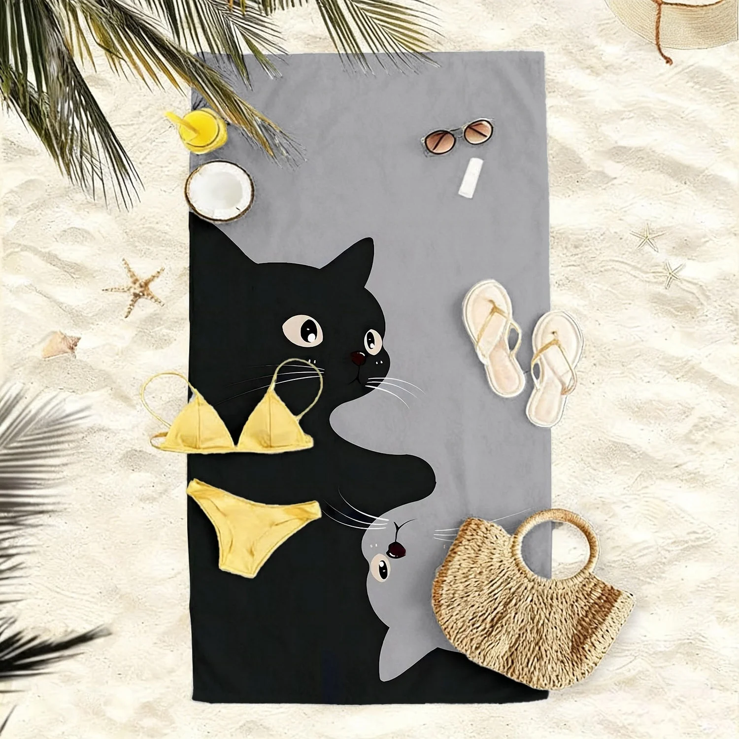 Double Sided Cute Black Grey Cat Beach Towel Quick Dry Absorbent Funny Animal Print Towel for Summer Pool Swim Camping Vacation
