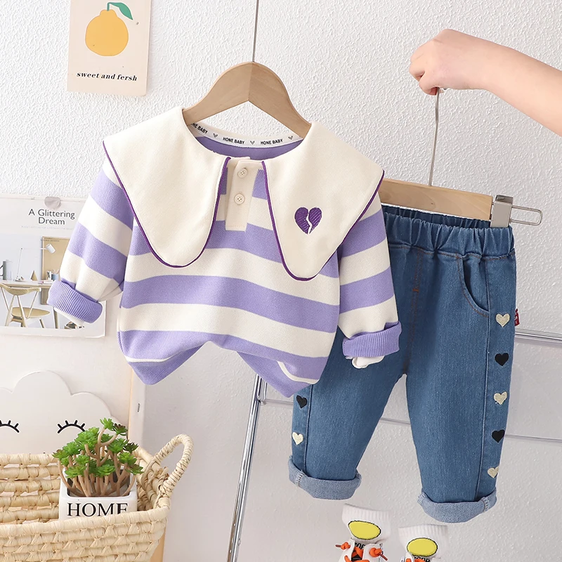 Baby Girls Stripe Sweatshirt Jeans 2 Pcs Suit Kids Sportswear Children Clothing Sets Spring Infant Outfits Princess Clothes