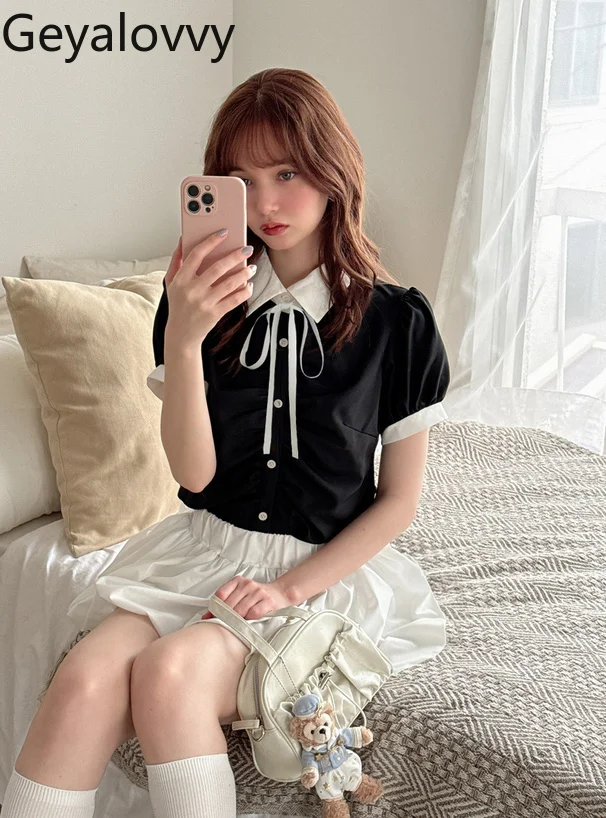 

Women's Tops Summer New 2025 Japanese Sweet Casual Shirts Versatile Single-Breasted Fashion Bowknot Puff Short Sleeve Shirt