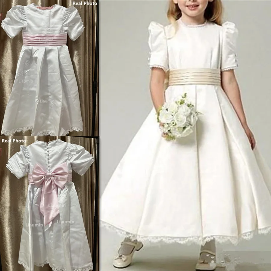 

Ivory Satin Flower Girl Dresses With Champagne Bow Sash Bubble Short Sleeves Lace Hemline Jewel Neck Ankle Length Kids Clothing