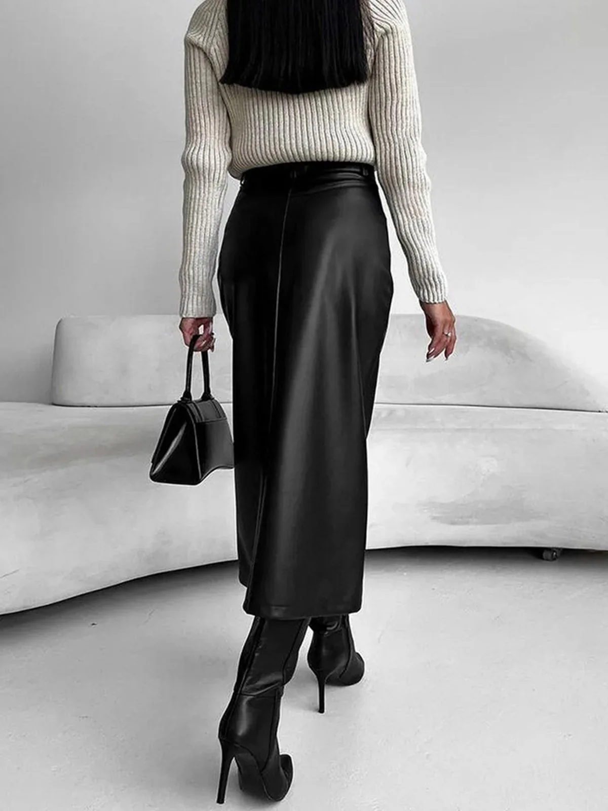 Leather Skirt High Waist Women Front Slit Spring Autumn Long Skirt High Waisted Office Lady Slim Skirts Elegant Ropa De Mujer