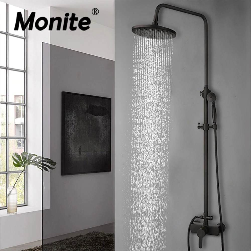 

Monite Bathroom Faucet Matt Black Rainfall Shower Set Wall Mounted Cold Hot Water Control Bathtub Tap With Handshower Mixer