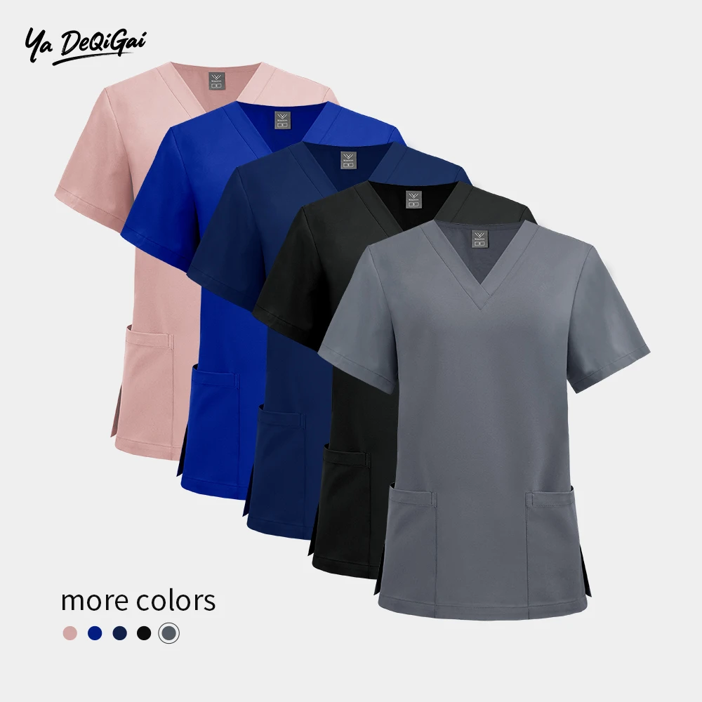 S-2XL exfoliante Unisex elástico de secado rápido, uniforme de Hospital, Ropa de Trabajo transpirable de Color sólido, camiseta de manga corta, ropa de enfermera