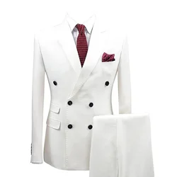 2 Pieces White Men's Slim Fit Suit Double Breasted Peak Lapel Blazer Solid Color Formal Dress for Wedding/Business Party Prom