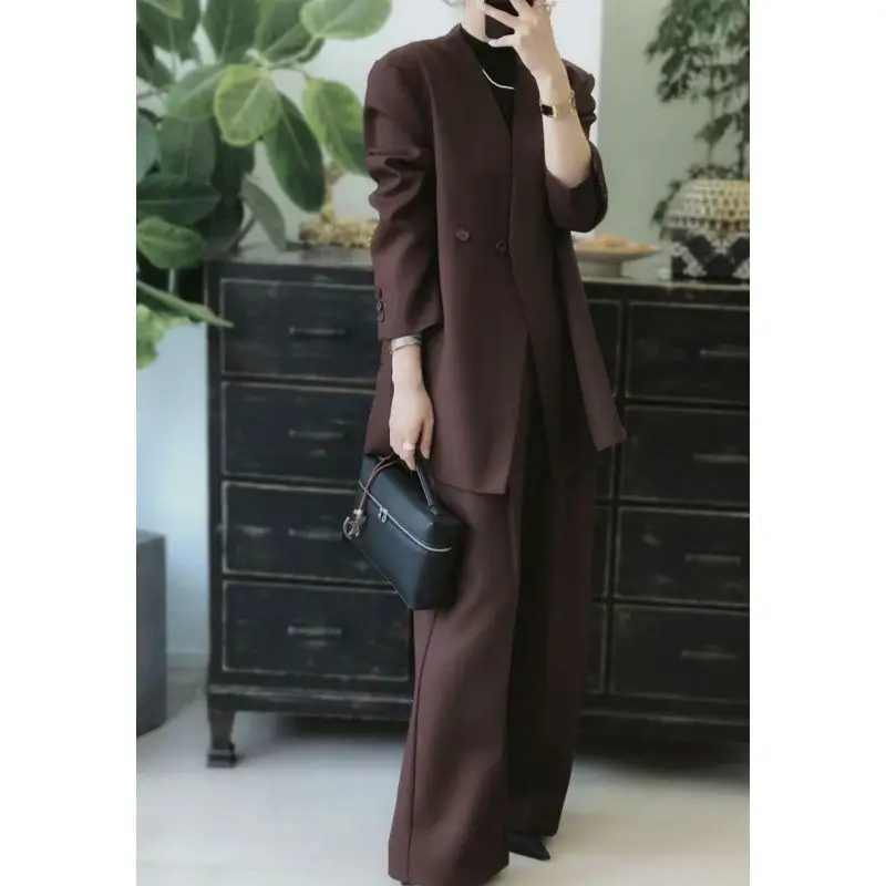 Eeonovni moda vermelha feminina conjunto de duas peças com decote em v duplo botão blazer casaco + calças compridas senhora do escritório elegante 2025 novas roupas