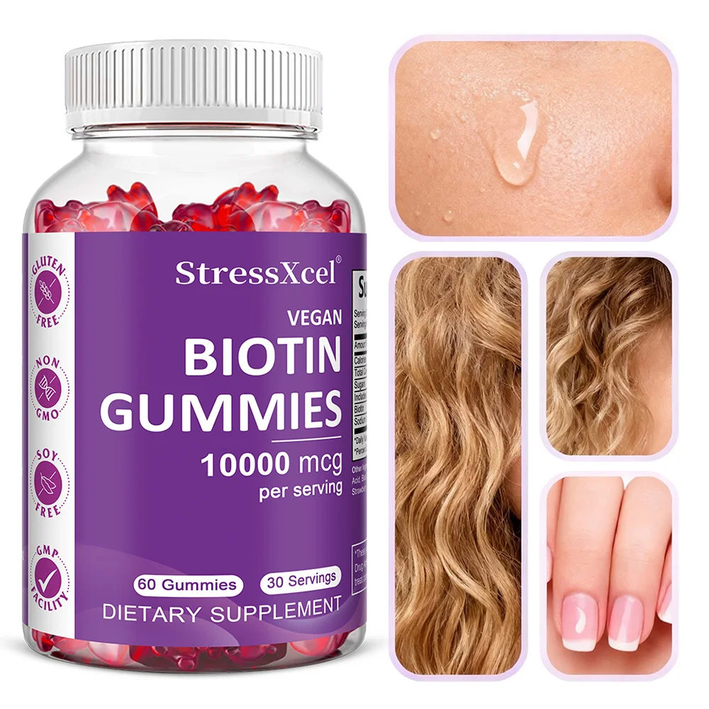 

Hair, Skin & Nails Gummies - with Biotin - Promotes Hair Growth, Nourishes Skin, Strengthens Nails, Non-GMO, Strawberry Flavor