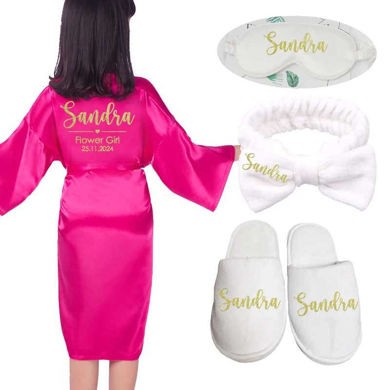 Customized Name Date Flower Girl Robes Set Wedding Bathrobes Pajamas Kids Nightdress Birthday Party Kid Robe