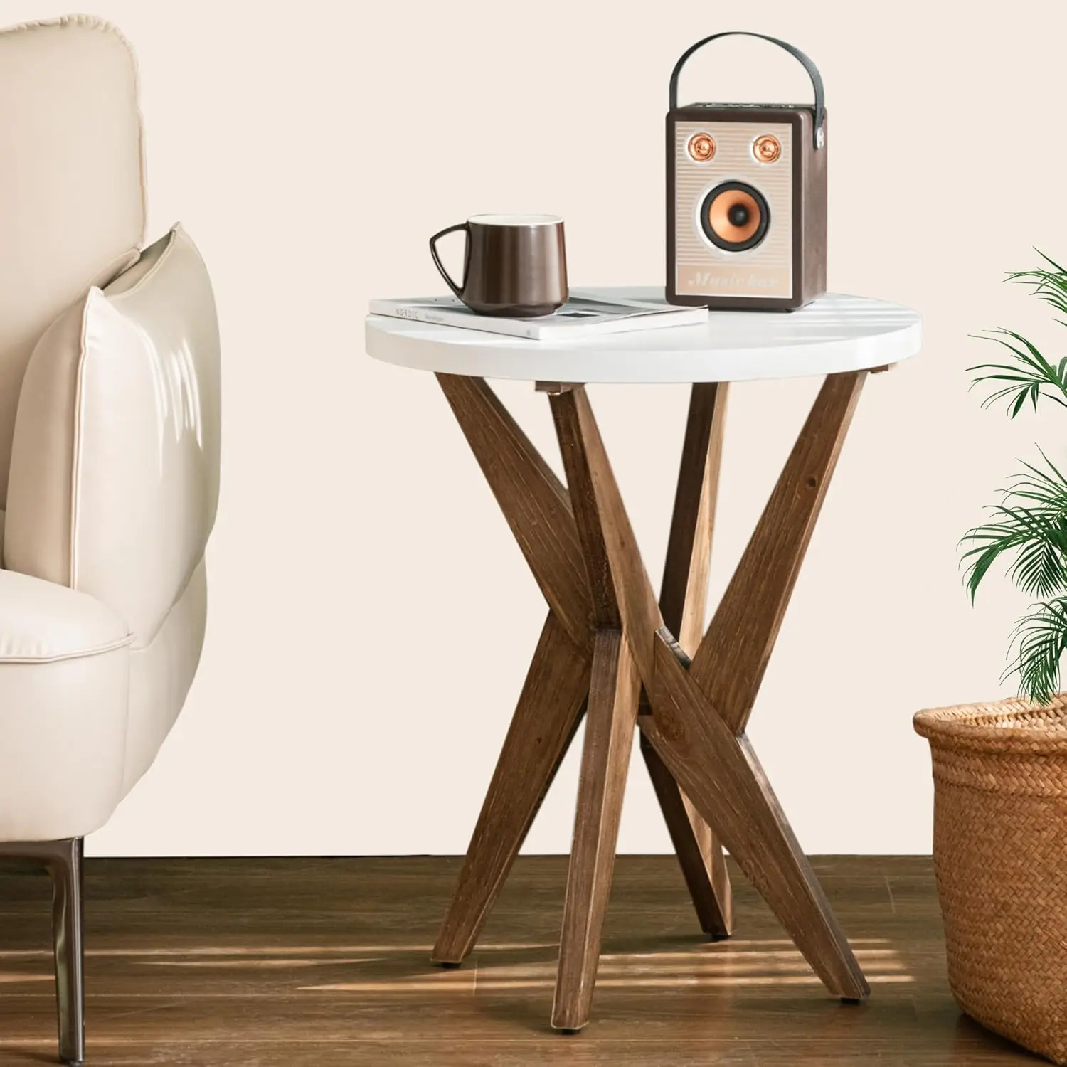 

Круглый приставной столик с белой столешницей и перекрестными ножками из орехового дерева, минималистичный, для гостиной, балкона, небольших помещений, прикроватный, простая сборка, на заказ