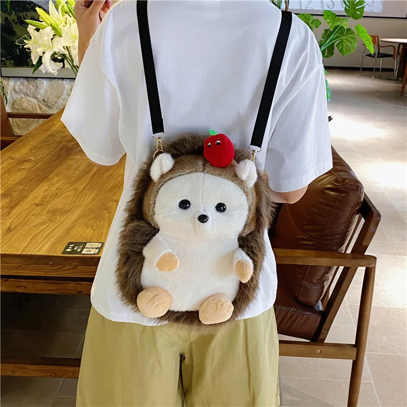 New Cartoon Plush Apple Hedgehog Backpack Cute Sweet Simulation Animal Hedgehog Plush Stuffie Children’s Backpack Birthday Gift
