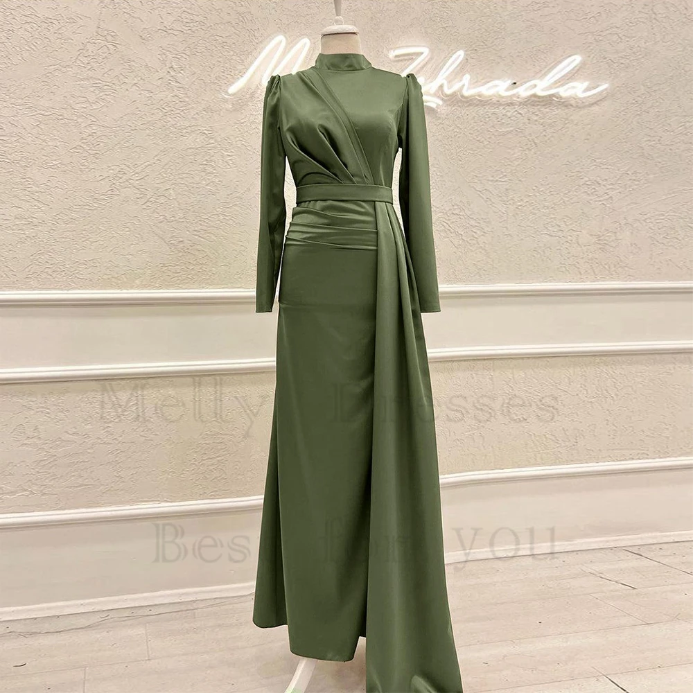 

HIgh Neck Full Sleeve Islamic Evening Dresses with Jersey 2024 Ankle Length Pleat Real Picture Prom Gowns Robe De Soirée