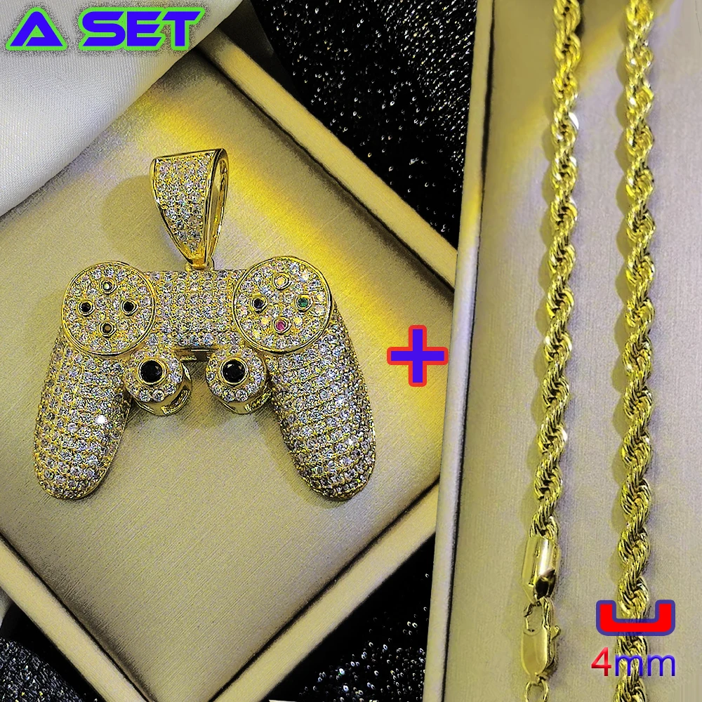 Hip hop trend custom necklace, new gemstone embedded game controller gold pendant, plated with 18K gold popular craftsmanship