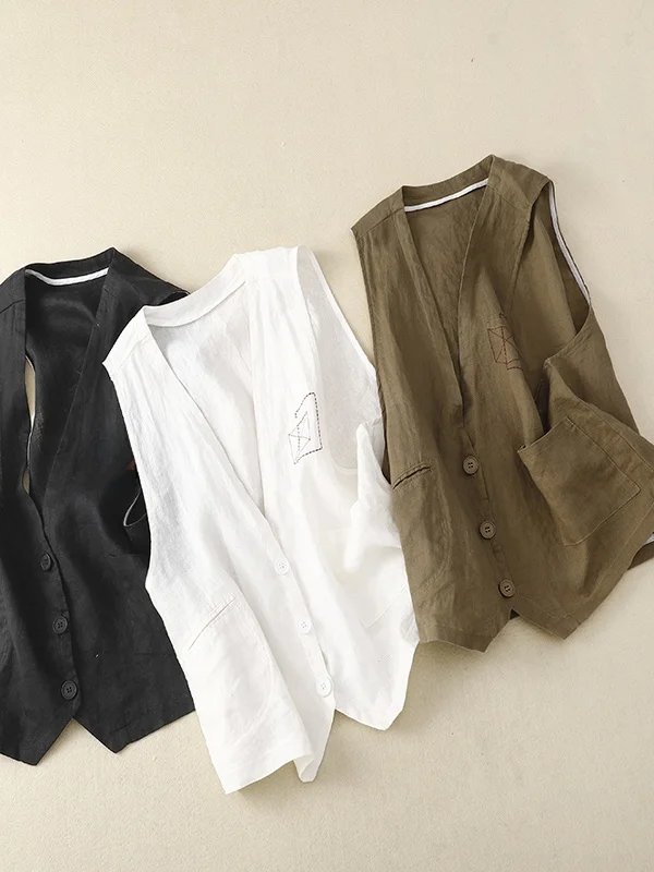Retro Pocket Embroidered Vest Women's Summer New V-neck Open Cardigan Shoulder Pad Short Outerwear Commute Style Regular Length