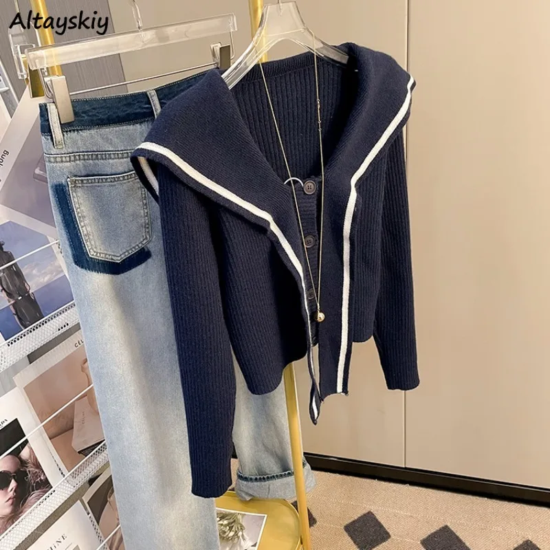 

Cardigans Women Korean Fashion Sailor Collar Striped Tender Sweater All-match Casual Single Breasted High Street College Autumn