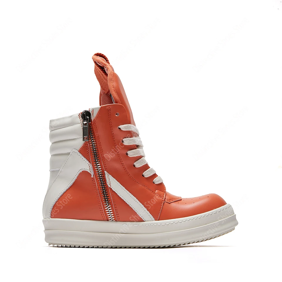 Brand Casual Men Shoe High Top Women Sneakers Quality Orange Leather Ankle Boots Geobasket Roman Thick-sole Zip Flat Shoes