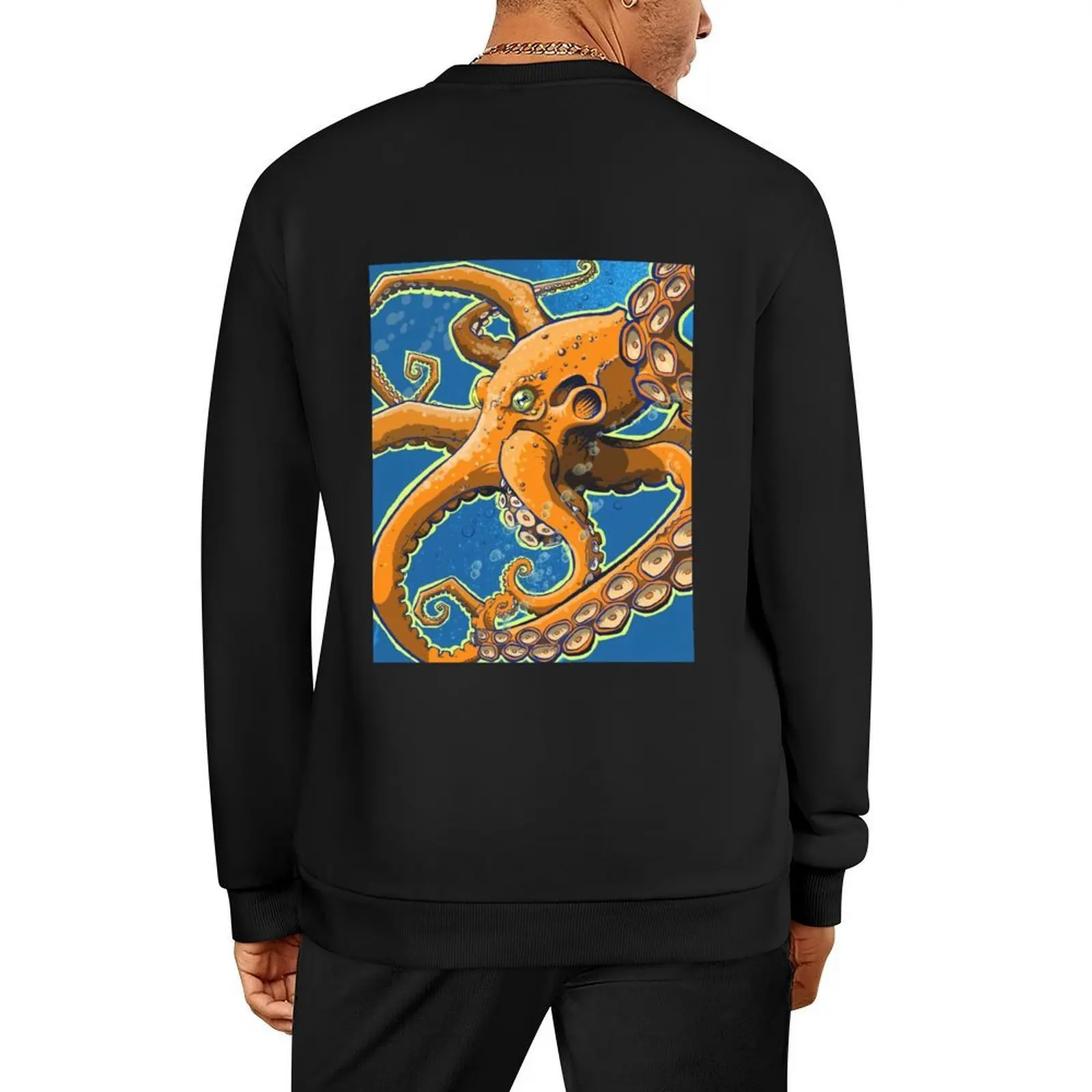 

Tangerine Octopus on Blue Background Pullover graphic t shirts men male clothes korean clothes blouse men's sweatshirt