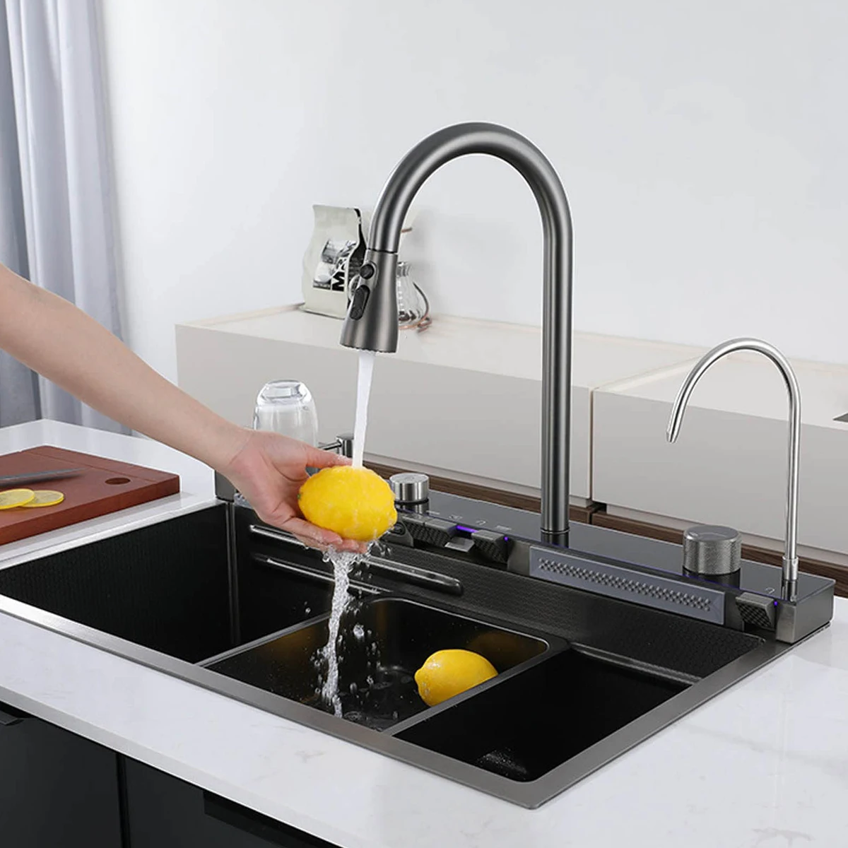 Multifunctional Digital Display Smart Sink Pull-Out Faucet Stainless Steel Waterfall Kitchen Sink