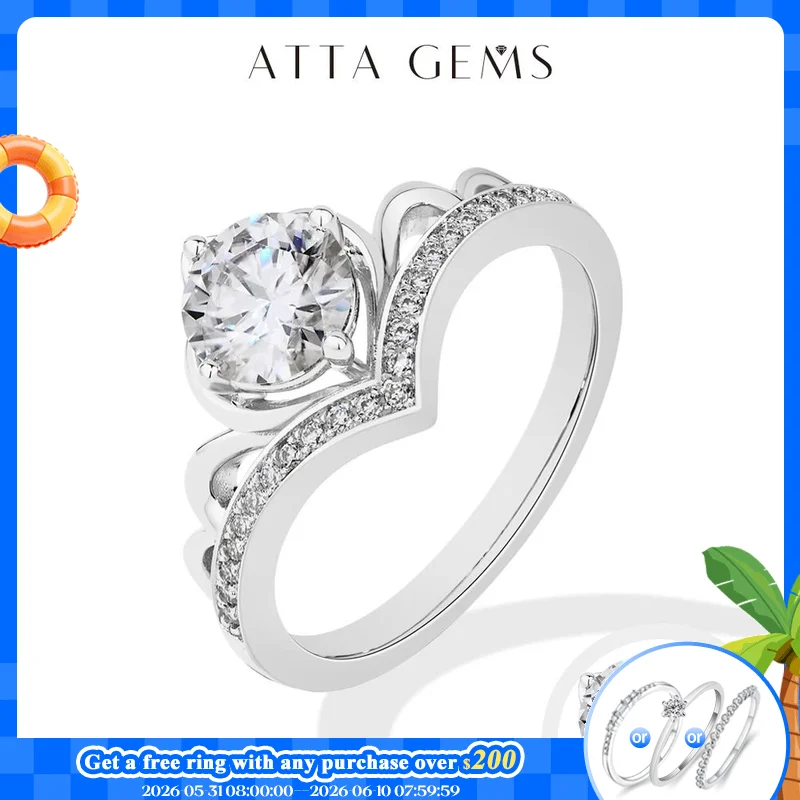 

ATTAGEMS Round Cut 1ct Moissanite Rings DVVS1 S925 Sterling Silver For Women Crown Princess Engagement Wedding Ring High Jewelry