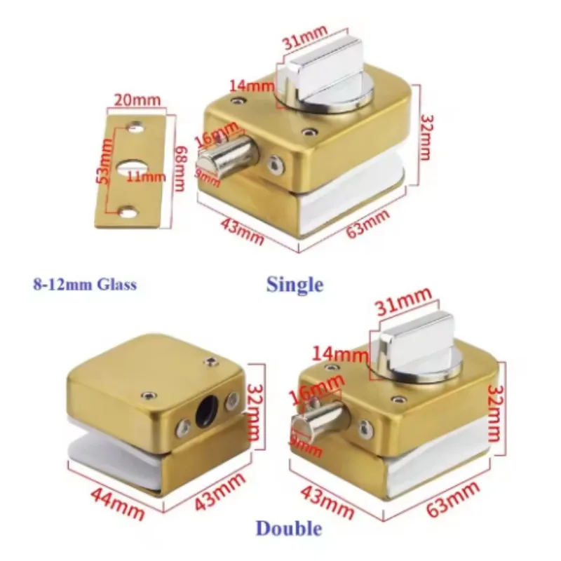 Stainless Steel 8-12mm Single Double Glass Door Bolt Latch Thumbturn Commerical Entrance Rose Gold Black Matte Brush