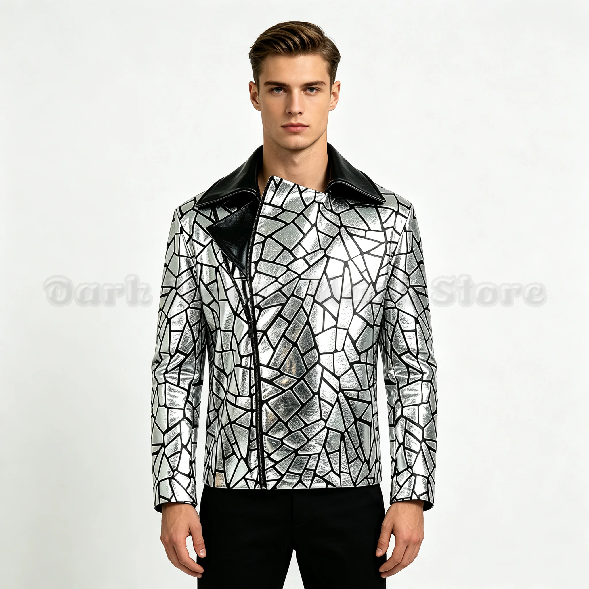 Herren Punk Silberne Lederjacke mit Spiegeleffekt, Asymmetrischer Reißverschluss, Revers-Mantel, Disco-Club Bühnen-Performance-Kostüm, Nachtclub-Party-Outfit