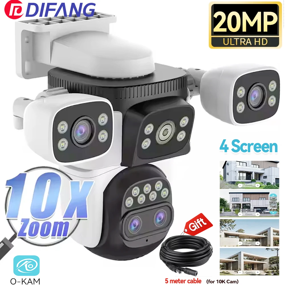 10K 10X Optics Zoom WiFi6 Camera Outdoor 20MP Four Screen Four Len PTZ Automatic Tracking 6K Dual Len Waterproof Security CCTV