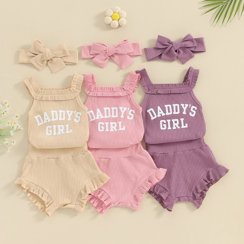 

Newborn Baby Girls 3Pcs Summer Outfit Casual Sleeveless Letter Romper Top + Ribbed Shorts + Headband Set Infant Clothes