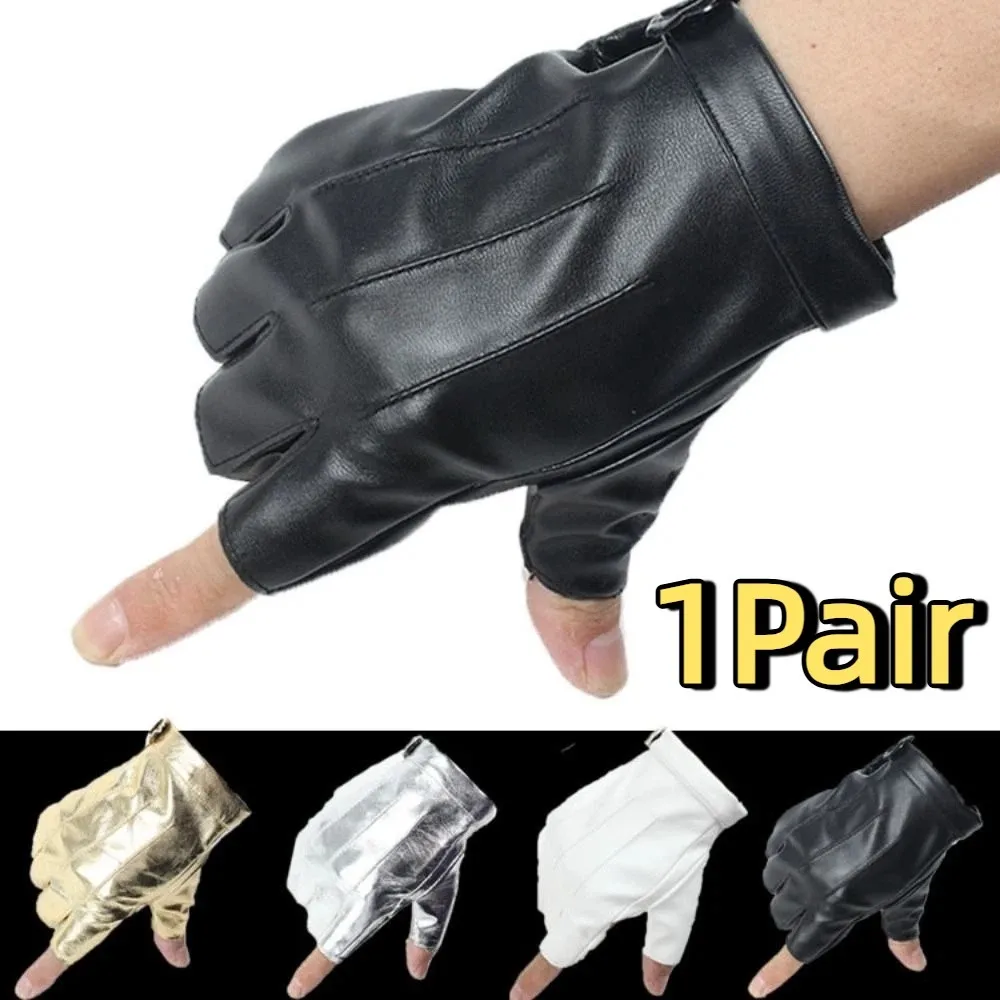 Fashion Punk PU Driving Gloves Button Design Cool Half Finger Gloves Gothic Anti-Slip Performance Gloves Outdoor