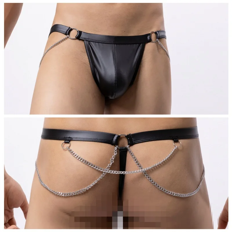 

Men's Intimate Underwear Thong with Rainbow Painted Leather Chain Decorations