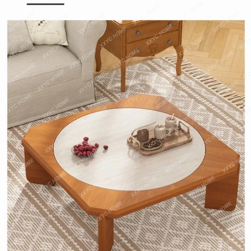 L retro medieval teak veneer round coffee table modern simple
