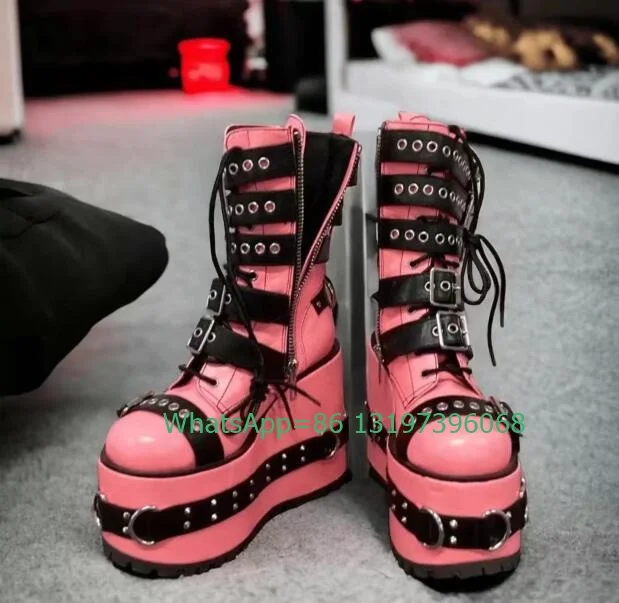 

Lady Pink Gothic Style Platform Studed Ankle Boots Side Zip Buckle Strap Zip Metal Design Gothic Cowboy Dress Running Boots Size