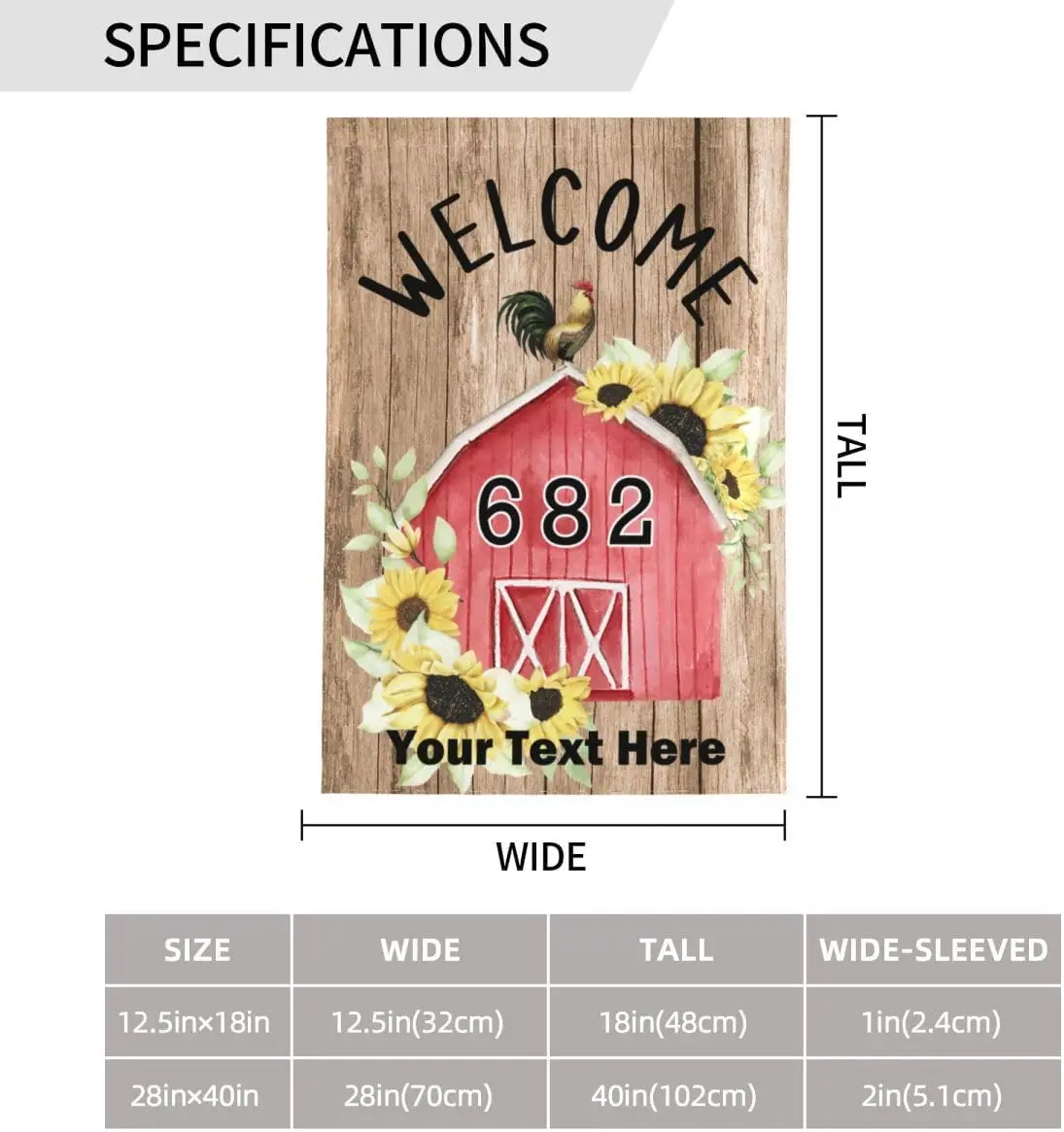 Rustic Red Barn Sunflower Design Personalized Address Garden Flag for Mailbox, Customizable Farmhouse Welcome Lawn Flag with MMZ