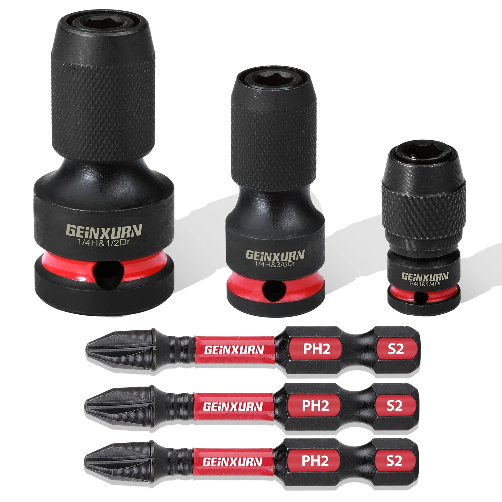 Geinxurn Impact Screwdriver Bit Holders Include 1/2-inch, 3/8-inch and 1/4-inch Square Drive to 1/4-Inch Quick Release Hex Socke