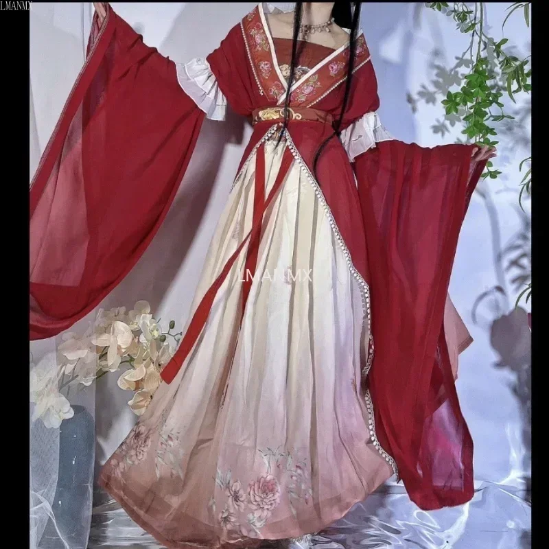 2025 Retro Chiński Styl Czerwony Vestido Hanfu Sukienka Damska Tradycyjny Nadruk Długa Spódnica 5-częściowy Zestaw Elegancki Dziewczęcy Zestaw Spódnic Imprezowych