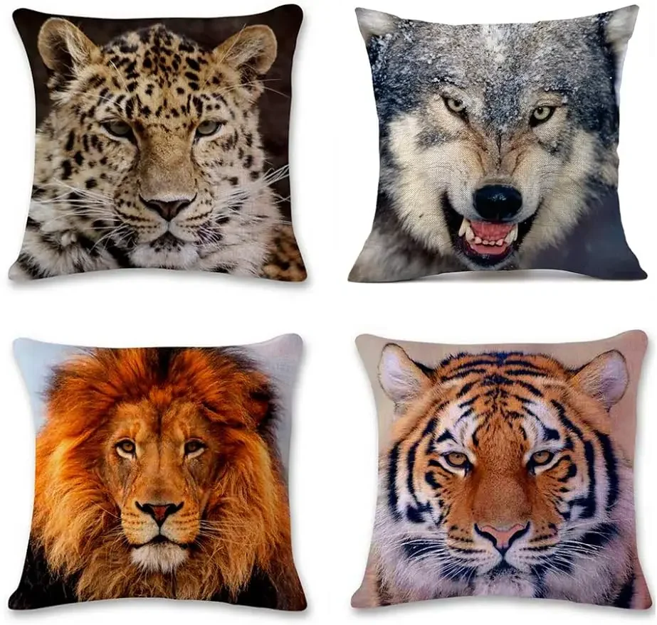 Animal pillow cover, pad for sofa bed car chair decorative cushion cover, 45x45 cm, liger, tiger, wolf and leopard design