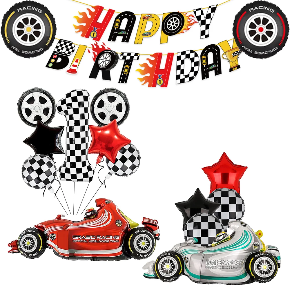 Racing Car Party Decorations Checkered Tableware Plates Cups Napkins Pennant Foil Balloons for Boys Race Birthday F1 Party Favor