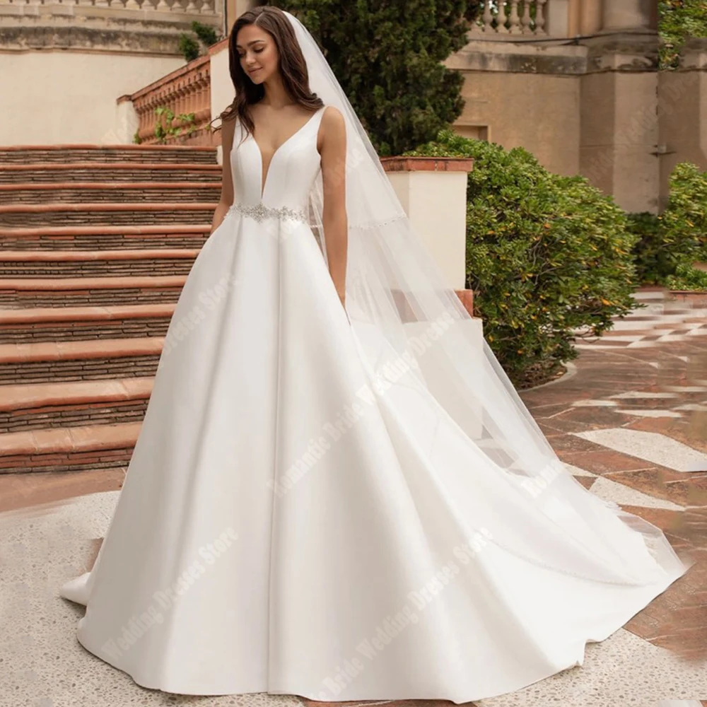 Simple Satin A-Line Wedding Dresses For Women Party Elegant V-Neck Sleeveless Bridal Gowns Princess Ball Vestidos De Novias 2025