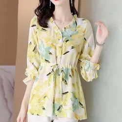 Fashion Chiffon V-Neck Floral Blouse 2023 Autumn Elegant All-match Shirring Lace Up Flare Sleeve Printed Shirt Women's Clothing