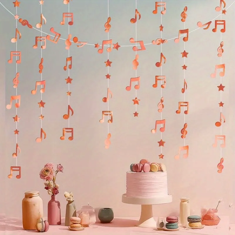 1 Stück 3M Roségold Schwarzer Stern Musiknotation Dekorationen für Musikthema Alles Gute zum Geburtstag Hochzeit Konzert Girlande Hängende Wimpelkette