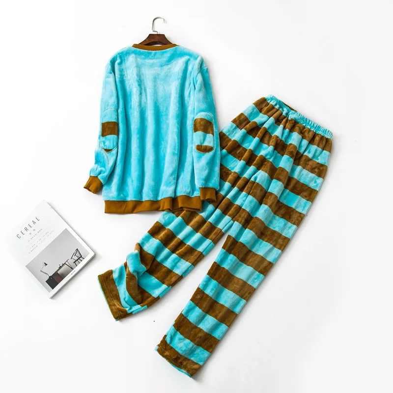 2024 Autumn Winter Female Casual Striped Pajama Sets Ladies Fleece Sleepwear Suit Women Long Sleeve Shirt & Pants Home Clothes