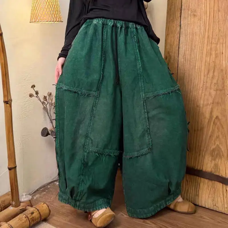 

Новинка 2023 года, осенние женские свободные брюки до щиколотки с эластичной резинкой на талии, универсальные повседневные лоскутные дизайнерские винтажные шаровары