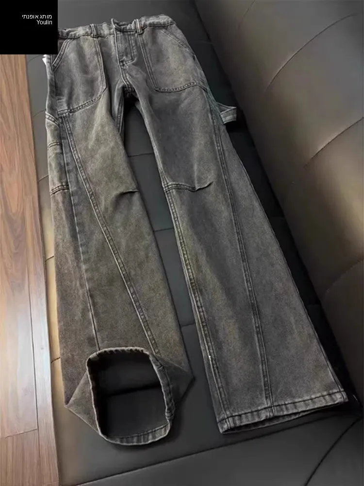 Grey Workwear Style Diagonal Cut Jeans Men's Winter American High Street Vibe Straight Loose Knife  Flared Pants