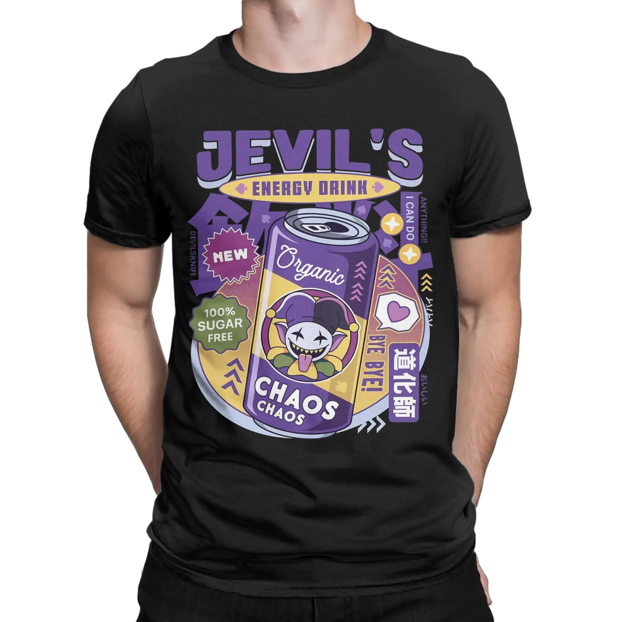 Jevil Energy Drink Deltarune T Shirt Beach  Leisure T-Shirts Men's Cotton O Neck Plus Size Tees Short-Sleeve Streetwear Tshirt