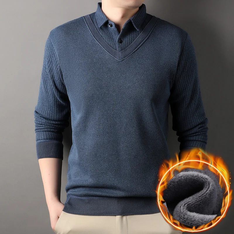 Men's Winter Sweater Velvet Pullover Solid Color Slim Fit Elegant Luxury Brand Fake Two Pieces Knitted Sweaters